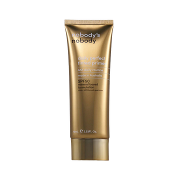 Nobody's Nobody Daily Perfect Tinted Primer SPF50 gold tube, mineral-based sunscreen