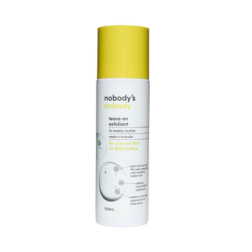 Nobody's Nobody leave on exfoliant bottle with yellow cap, 2% BHA active skincare