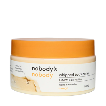 Mango whipped body butter in 190mL jar with orange lid, Nobody's Nobody brand, made in Australia